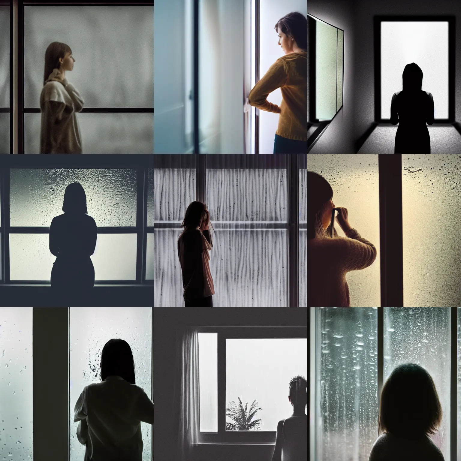 Prompt: woman looking out of a window into the rainy night, reflection on the window, back - view, dark room with just a tv with static