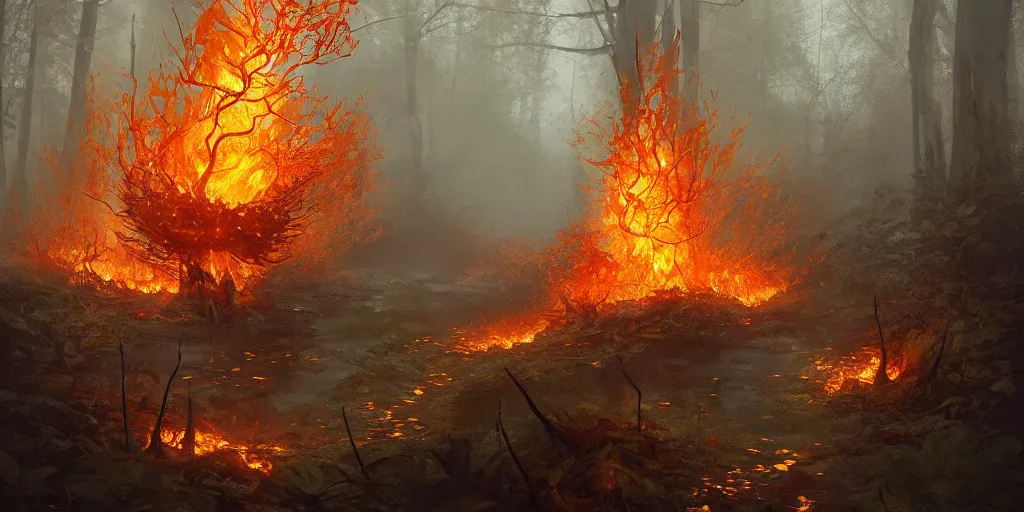 Image similar to A flaming forest , flaming leaves,fire ,Magma,flame stones are scattered, flame ferns, flame shrubs, huge flame Fantasy plant,covered in flame porcelain vine, artstation,by Jakub Rozalski