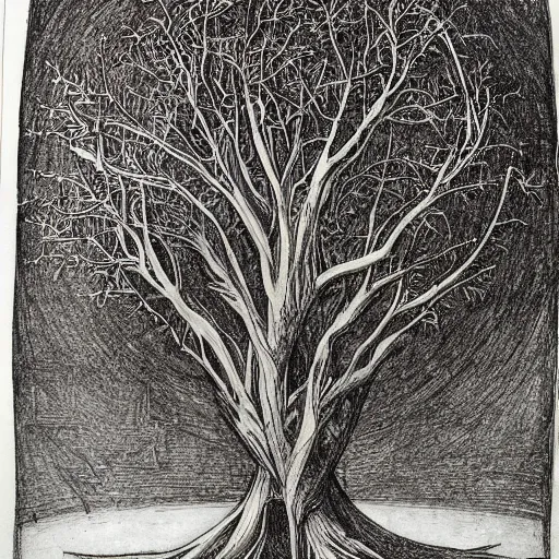 Image similar to leonardo da vinci color intricate full page scan artistic drawing of the world tree, on paper, black ball pen style, :: ultra-detailed technical precision :: mixed media with white and silver lines, realistic composition, point of interest at golden ratio, light from right, more darkness on the bottom, monumentally art composition, high quality of sketching with subtle hairlines, highly detailed rounded forms, inside out and outside in, octane render