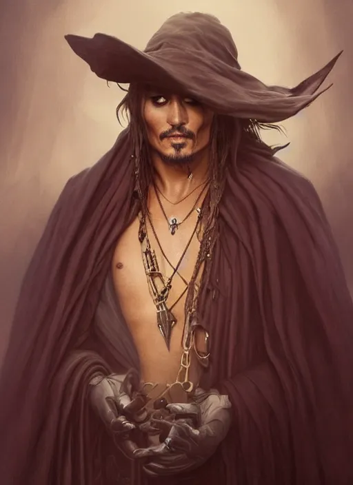 Prompt: Portrait of Johnny Depp, cloak, male, fantasy, extremely detailed, digital painting, artstation, concept art, smooth, sharp focus, illustration, stunning lighting, art by artgerm and greg rutkowski and alphonse mucha and simon stalenhag, realistic character concept, high fantasy, dark atmosphere, golden ratio, cinematic lighting, hyperdetailed, high resolution, insanely detailed and intricate, artstation, Marc Simonetti, Greg Rutkowski, 8k