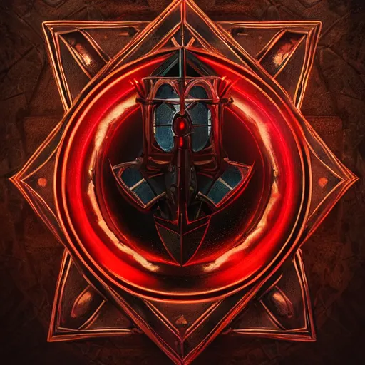 Image similar to full shot of a symmetrical game sigil of scary medieval weapons crossed, red powerful fantasy epic legends, game icon stylized, digital illustration radiating, a glowing aura, global illumination, ray tracing, 8 k high definition, intricate details, octane render, unreal engine, trending on arstation