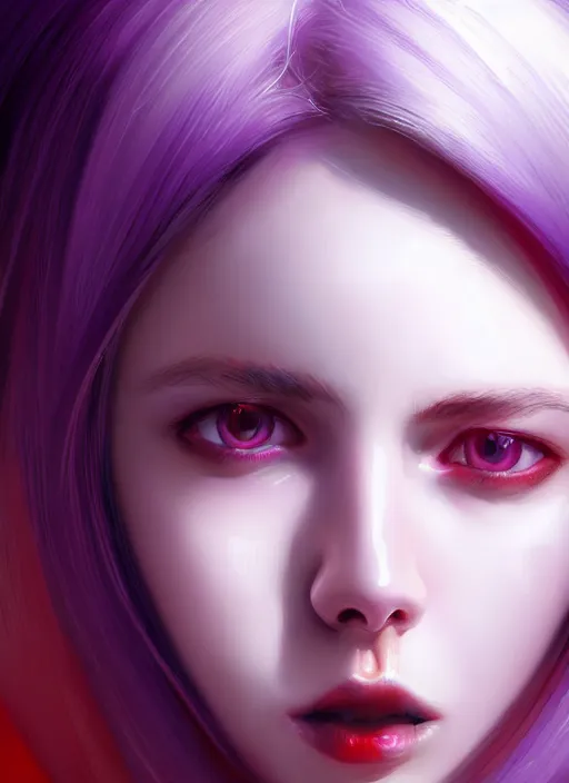 Image similar to hair whitebangs hair, black hair, whitebangs, portrait of teenage girl with white bangs, red irises, purple clothes, white bangs, bangs are different color from hair, intricate, elegant, glowing lights, highly detailed, digital painting, artstation, concept art, smooth, sharp focus, illustration, art by wlop, mars ravelo and greg rutkowski