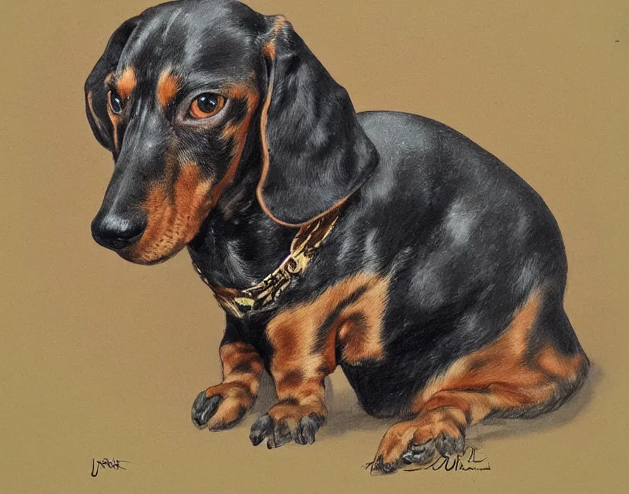 Prompt: Warhammer 40000 portrait of a dachshund by John Blanche