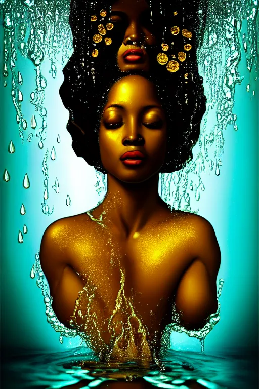 Image similar to hyperrealistic post rococo cinematic very expressive! black oshun goddess, open eyes, in water up to her shoulders, mirror dripping droplet!, gold flowers, highly detailed face, digital art masterpiece, smooth eric zener cam de leon dramatic pearlescent teal light, ground angle uhd 8 k, sharp focus