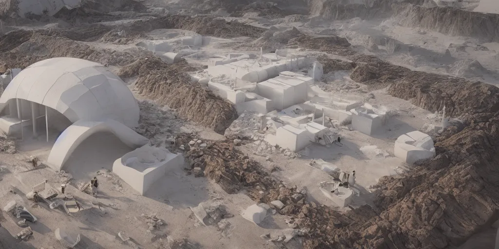 Image similar to perspective horizontal section, view render of a bioremediation white architecture in the mining tailing in the desert, smooth, rossdraws, norman rockwell, emiliano ponzi, epic composition, hd, octane, unreal engine, volumetric lighting, light rays, masterpiece, award - winning