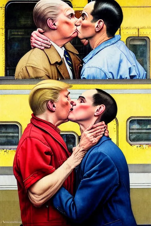 Image similar to gay male couple at a train station, norman rockwell painting of donald trump kissing donald trump