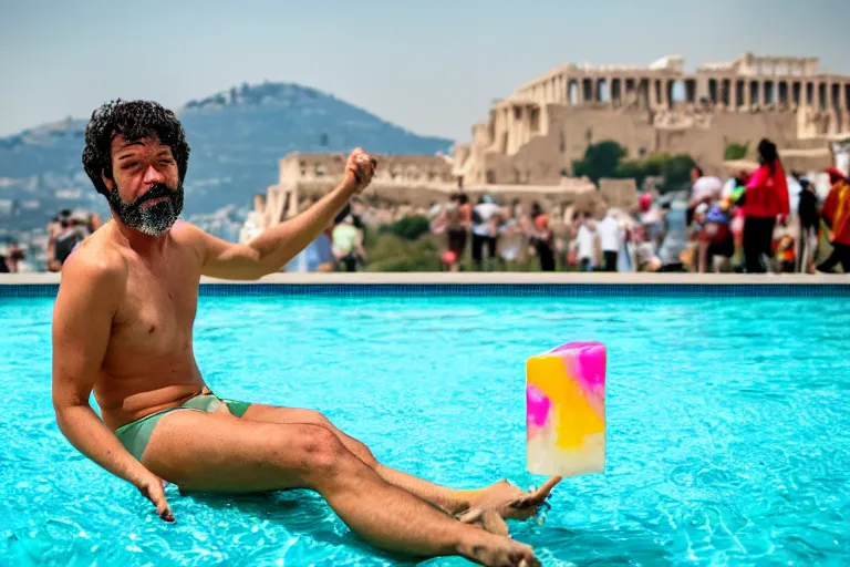 Image similar to Socrates eating a translucent turquoise hemlock popsicle at the last pool party he will ever attend, he is comforted by his disciples, large cloud of fire engulfs him, the acropolis can be seen in the background, in the style of Martin Parr The Last Resort, ring flash closeup photograph
