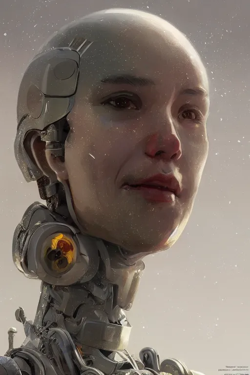 Image similar to The sentimental life of robots , joyful, close-up portrait, intricate, elegant, volumetric lighting, scenery, digital painting, highly detailed, artstation, sharp focus, illustration, concept art, ruan jia, steve mccurry