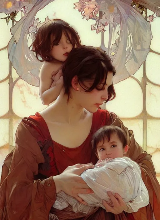 Prompt: a mother cradling her baby, beautiful painting by artgerm and greg rutkowski and alphonse mucha