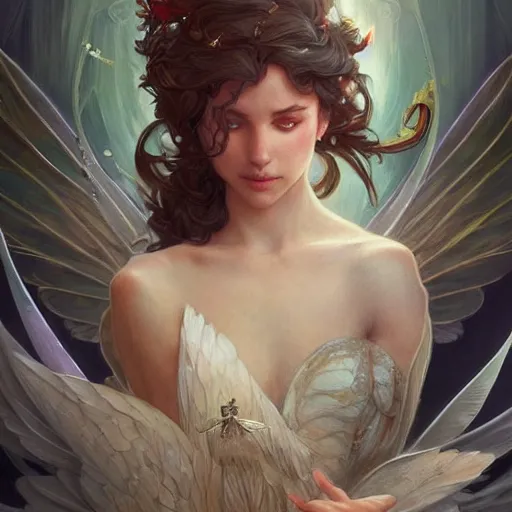 Prompt: A fairy with six wings, D&D, fantasy, highly detailed, digital painting, artstation, smooth, sharp focus, illustration, art by artgerm and greg rutkowski and alphonse mucha