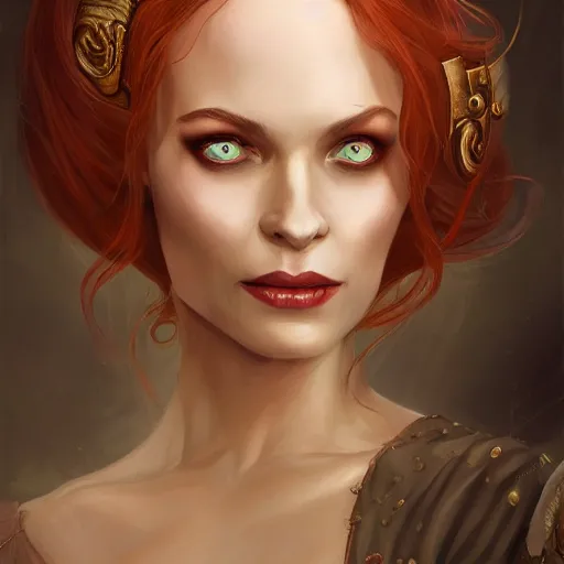 Image similar to a detailed matte head - on portrait painting of an middle - aged tiefling elegant and distinguished noblewoman with golden eyes and short long flowing red hair, by charlie bowater, lise deharme, wlop, tending on arstation, dungeons and dragon, dnd, pathfinder, fanart, oil on canvas