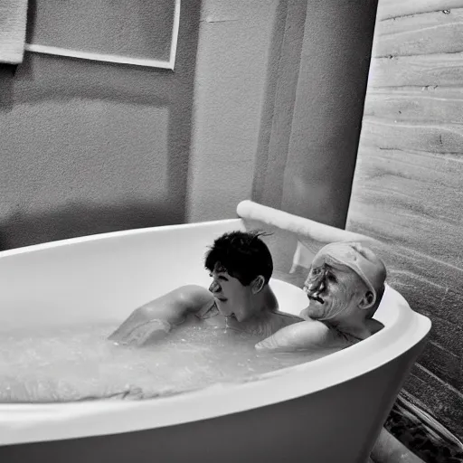Prompt: a trieme sailing in a bathtub, photography