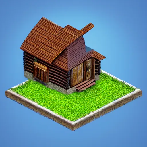 Prompt: isometric photoreal cabin in the woods in the middle of tge ocean, dnd 3 d map