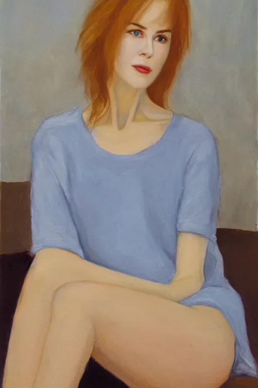 Image similar to 23 year old nicole kidman , loose messy hair , thoughtful eyes, wearing a thin white skimpy cotton camisole, pale skin, poised beautiful body, symmetrical face, zen aesthetic, interior design, amber and blue color scheme, sophisticated, pensive, contemplation, meditation, aloof, ethereal, oil painted canvas, loose brush strokes, Whistler painting