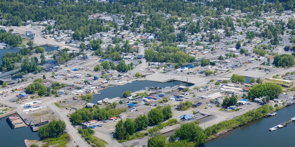 Prompt: bird's eye view of a small city, trailer park, a road, bridge, and inlet with docking area. town hall. photography