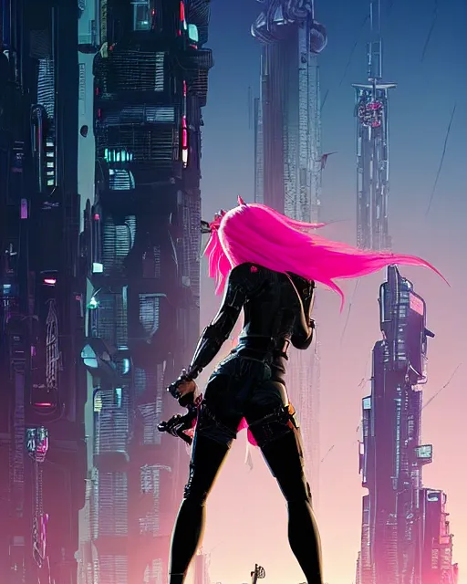 Prompt: a portrait of a single cyberpunk female assassin with pink hair weapon on a ready standing over a ledge overlooking a cyberpunk city in the background, alone and solo by Mike Mignola, Robbie Trevino, ellen jewett, Yoji Shinkawa