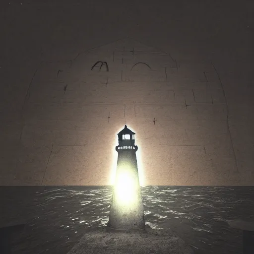 Image similar to lighthouse in the middle of the ocean, covered in silent hill style sigils, horror, person standing with a lantern centered in the foreground, spooky, scary