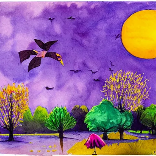 Image similar to a landscape with a purple sun with cotton candy trees flying ducks, the lorax, water color