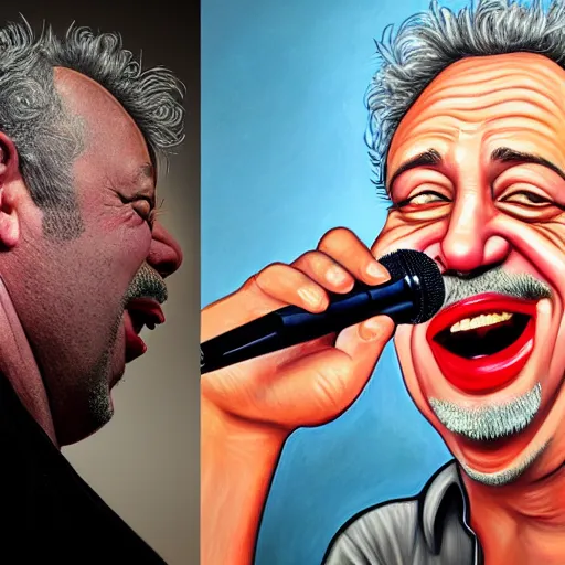 Prompt: Caricature portraits done of Gene Ween singing live on stage, realistic, hyperrealistic, very realistic, highly detailed, very detailed, extremely detailed, detailed, oil painting, digital art, trending on artstation