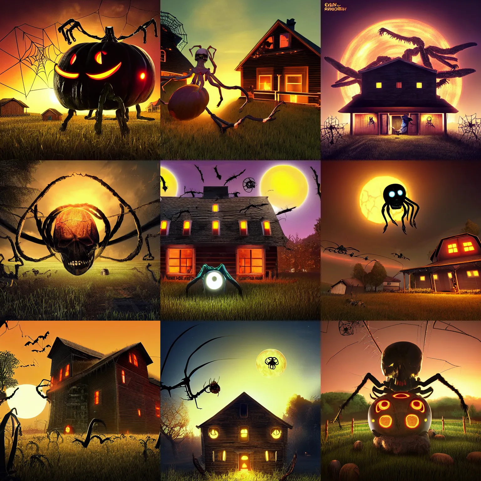 Prompt: giant skull spider with bright glowing eyes hovering over a farm house at dusk, halloween, pc boxart
