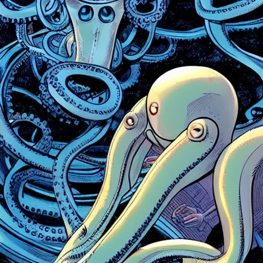 Prompt: stunning portrait of a mechanical octopus in a dramatic setting by brian k. vaughan