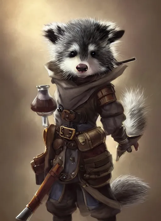 Image similar to cute little anthropomorphic skunk hunter wearing bindrain (eyepatch), tiny, small, miniature animal, baby animal, short, pale black armor, cute and adorable, pretty, beautiful, DnD character art portrait, matte fantasy painting, DeviantArt Artstation, by Jason Felix by Steve Argyle by Tyler Jacobson by Peter Mohrbacher, cinematic lighting