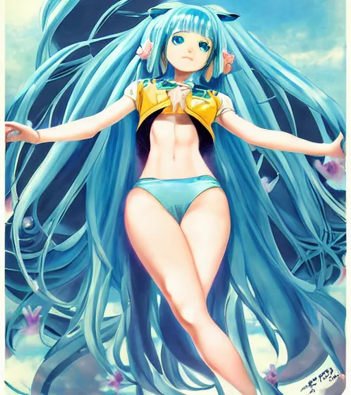 Prompt: Anime art of beautiful Hatsune miku with beautifel legs by rossdraws, magali villeneuve, Gil Elvgren, Alberto Vargas, Earl Moran,, Art Frahm, Enoch Bolles