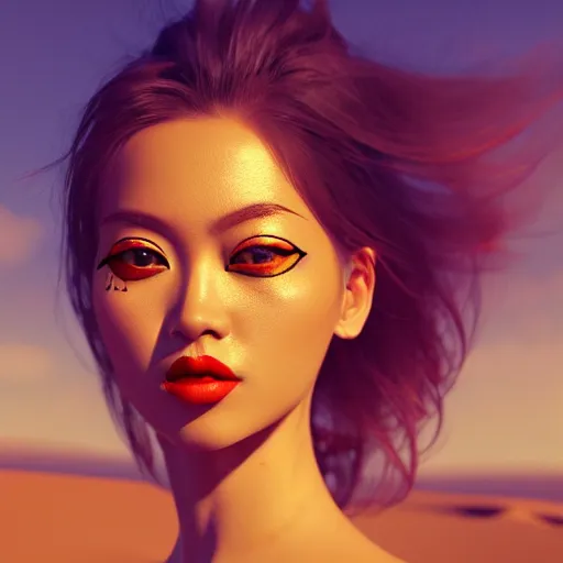 Prompt: giesha demon, innovative avant - garde art, deco fashion, asian women, highly detailed, photorealistic portrait, serene desert setting, golden hour, crisp quality and light reflections, octane render