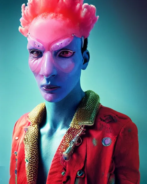 Prompt: natural light, soft focus portrait of a male cyberpunk anthropomorphic coral with soft synthetic pink skin, blue bioluminescent plastics, smooth shiny metal, elaborate ornate head piece, piercings, skin textures, by annie leibovitz, paul lehr