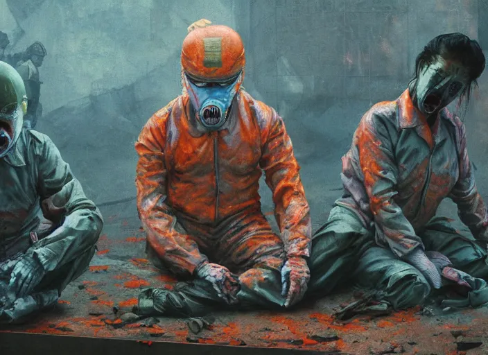 Prompt: still from the tv series chernobyl, attack on titan by francis bacon, surreal, norman rockwell, greg hildebrandt, triadic color scheme, by greg rutkowski, exotic vegetation, tristan eaton, victo ngai, complimentary color, pink and blue and orange, a still from the film alien, beksinski, hyperrealism