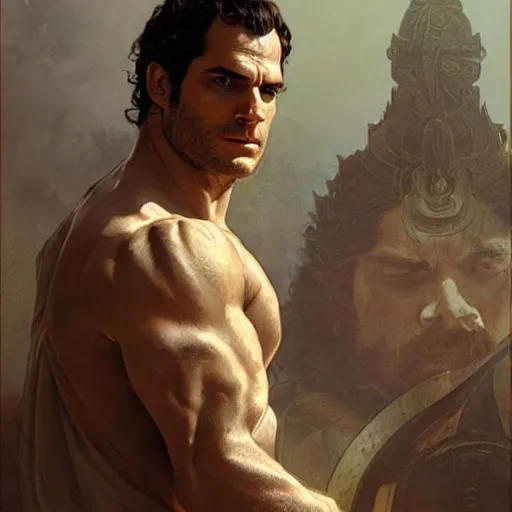 Image similar to Henry Cavill as a Greek god, gorgeous, amazing, muscular, intricate, highly detailed, digital painting, artstation, concept art, sharp focus, illustration, art by greg rutkowski and alphonse mucha