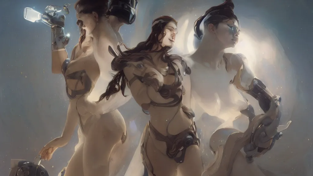 Image similar to modern elegant female cyborg greek goddess, space opera, feminine, powerful, beautiful, upper body, muscular, armour, highly detailed, digital painting, ghibli animated film, volumetric lighting, octane render artstation, concept art, smooth, sharp focus, illustration, by gaston bussiere, mucha, gerome, craig mullins, greg rutkowski, john singer sargent