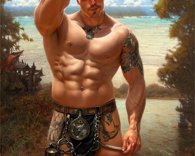 Prompt: handsome tattooed blonde gym bro by the water, steampunk painting by artgerm, gaston bussiere, craig mullins, j. c. leyendecker, tom of finland