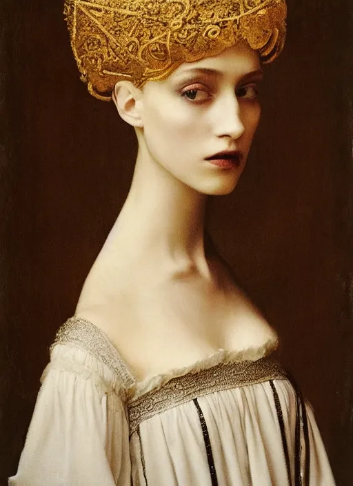 Image similar to portrait of young woman in renaissance dress and renaissance headdress, art by paolo roversi