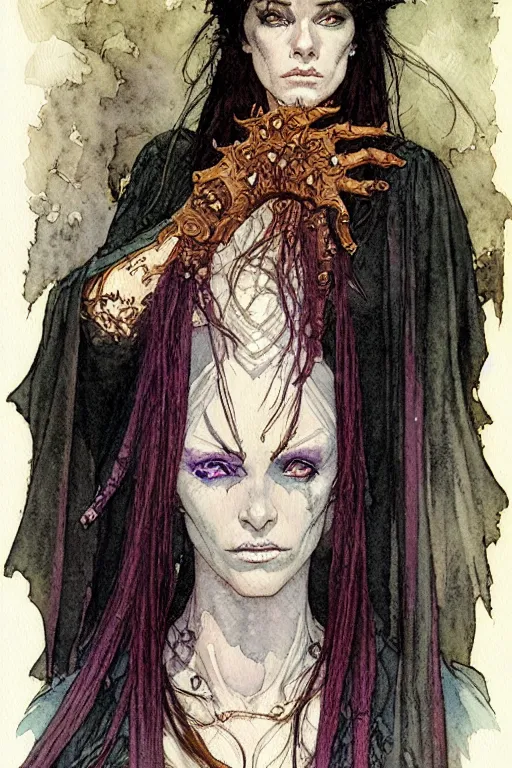 Prompt: a realistic and atmospheric watercolour fantasy character concept art portrait of a female necromancer looking at the camera with an intense gaze by rebecca guay, michael kaluta, charles vess and jean moebius giraud