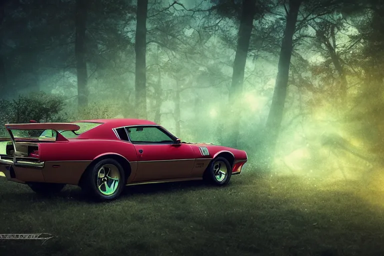 Image similar to pontiac firebird with angelic wings attached to sides of the roof, dramatic, cinematic, forest, volumetric lighting