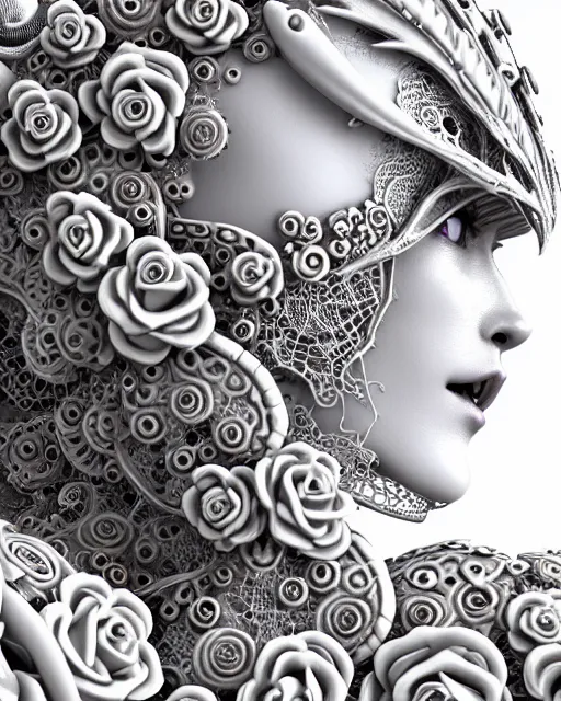 Image similar to bw dreamy close - up profile face, beautiful young porcelain intricate steampunk bio - mechanical vegetal - dragon - cyborg - female, white roses ornate metallic armour, white fluffy feathers, fine mandelbrot fractal lace, 1 5 0 mm, soft rim light, elegant, hyper real, ultra detailed, octane render, hg giger, 1 6 k