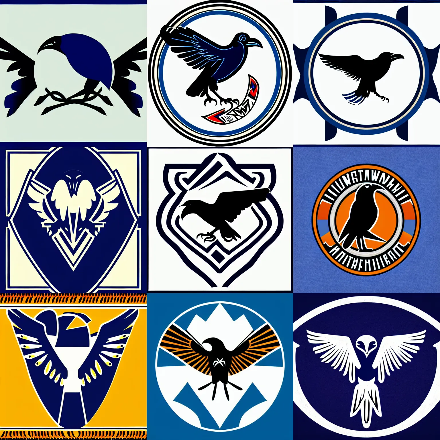 Prompt: southwestern style emblem portraying a raven, corporate logo, art deco, stylized, iconic, vector art, two - tone, clean lines, ultramarine blue and titanium white