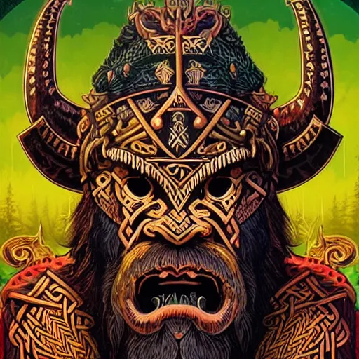 Image similar to barong family member, viking warrior, viking beard, reindeer horns, runic inscription, mammoth, wiwek, mara demon, one single tribe member, jungle, one single mask, dark, ancient warrior, tribal, inner glow, art by dan mumford and justin gerard