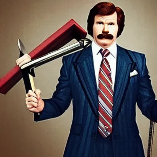 Prompt: ron burgundy slaying god with a trident