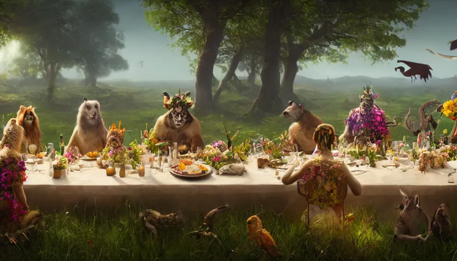 Image similar to a table dinner of exotic animals where animals are dressed like the characters from the midsommar movie wearing flowers, realistic detailed digital art by maxwell boas jessica rossier christian dimitrov anton fadeev trending on artstation cgsociety rendered in unreal engine 4 k hq