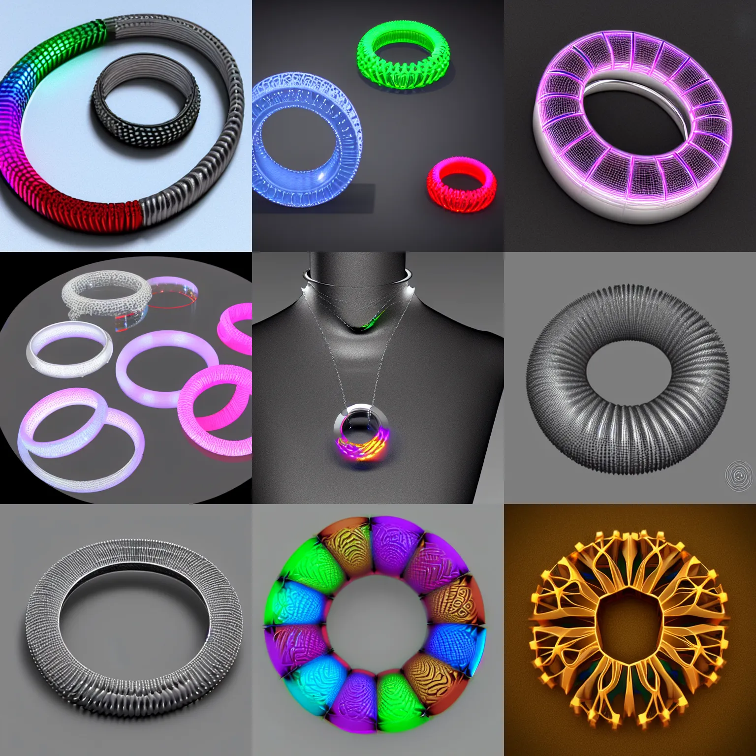 Prompt: laser sintered jewels 3 d printing jewels polyamide, rings, render, keyshot, vray, colored, dynamic lighting