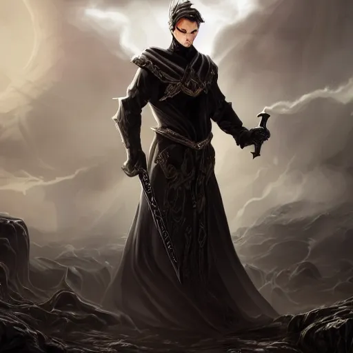 Image similar to A powerful handsome broad shouldered necromancer in black robes with blue eyes holding an exquisite sword standing at a distance. He gazes by the stormy sea and oozes extreme power and magic. Whole scene is powerful and magical and stunning to watch. Aesthetic!!!!!!, Unreal engine, 8k, trending on artstation, sharp focus, highly detailed, concept art, ultra HD, intricate, elegant, bright colors oil on canvas, by Ilya Repin