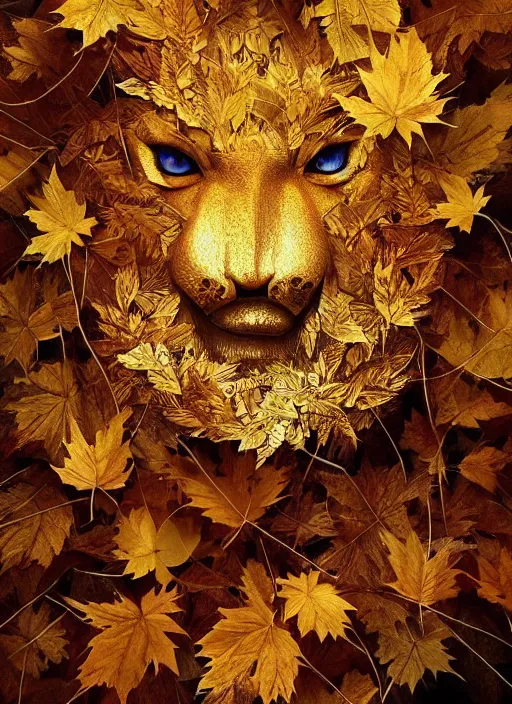 Image similar to golden leaves at frame border, creative!!! composition for a book cover, absurdly beautiful, ultrafine hyperrealistic detailed animal face by wlop and artgerm and greg rutkowski, intricate linework, sharp focus, smooth, octopath traveler, final fantasy, unreal engine, dramatic lighting, ethereal, 8 k