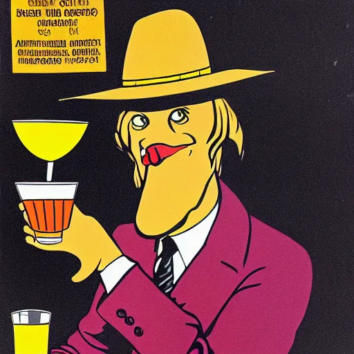 Prompt: A 1980s informational poster from a convention center displaying a laid back toad smoking a cigarette, and holding a glass with scotch whiskey. He is wearing a black hat. full body, highly detailed, sharp focus, HQ, post grunge, subtle colors.