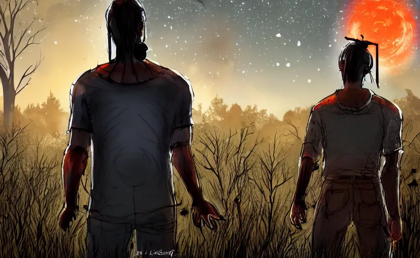 Image similar to view from behind a dead by daylight killer as he looks up to a night sky, stars aligning, character portrait, digital art