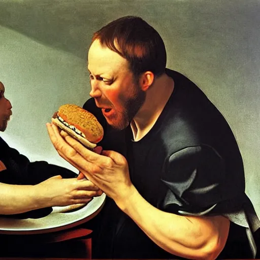 Image similar to Alex Jones desperately reaching for a hamburger, oil painting by Caravaggio