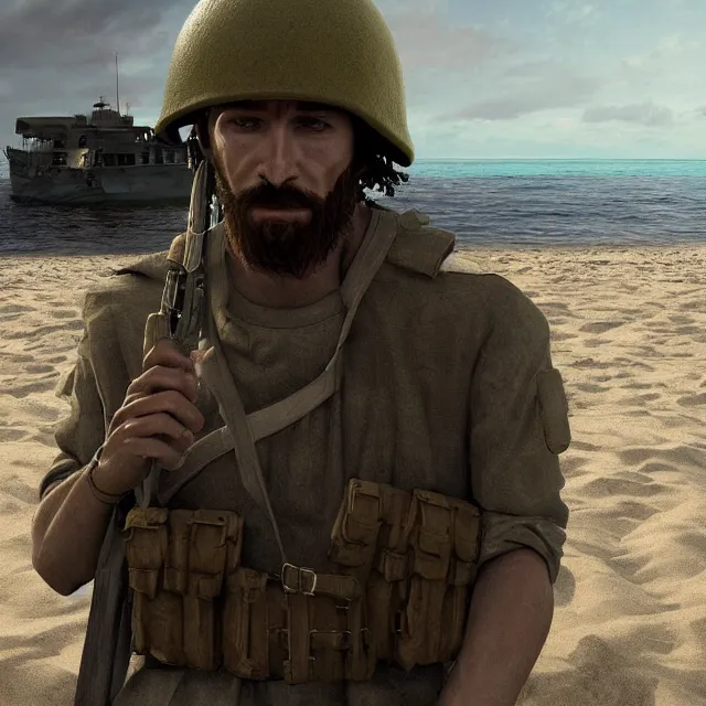 Image similar to jesus christ as a soldier on the beach during d - day trending on artstation deviantart pinterest photorealistic hd 8 k highlights and shadow detailed high resolution