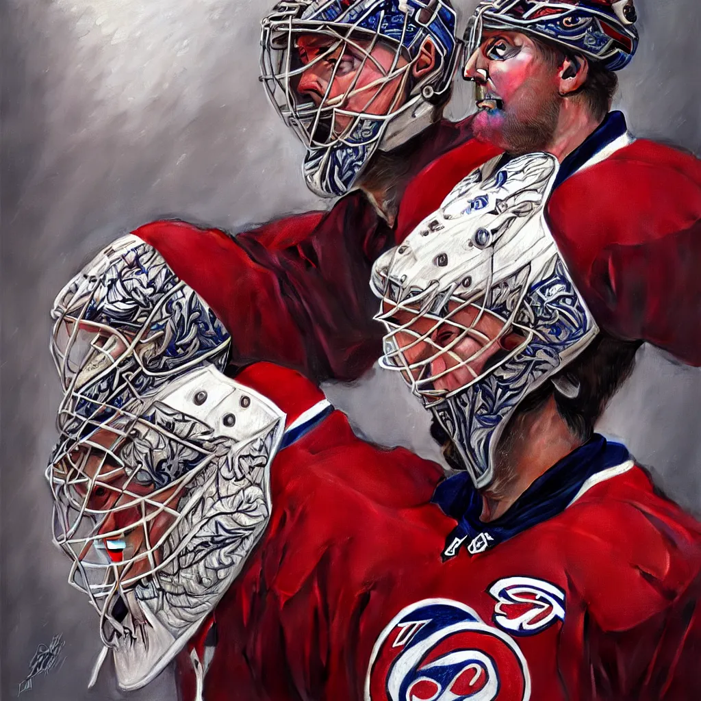 Image similar to beautiful portrait of Patrick Roy as a hockey coach, fantasy, intricate, elegant, highly detailed, digital painting, artstation, concept art, smooth, sharp focus, luxury fashion illustration, art by artgerm and greg rutkowski and alphonse mucha, brightly lit cinematic soft lighting, photorealistic