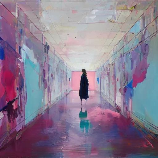 Image similar to _ in _ these _ paintings _ we _ see _ a _ big and tall _ woman _ who _ seem _ to _ be _ walking _ in _ circles in a busy void space, 4 k, in the style of ben quilty, hyper realism, minimal pink palette, medium shot, oil paint with thick brushstrokes of paint, impasto, detailed,